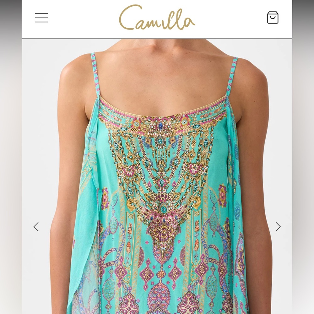 Camilla Maxi Dress Mini w/ Long Over Layer Tie Front Hi-Lo Sparkled Mixed Print - Picture 13 of 13